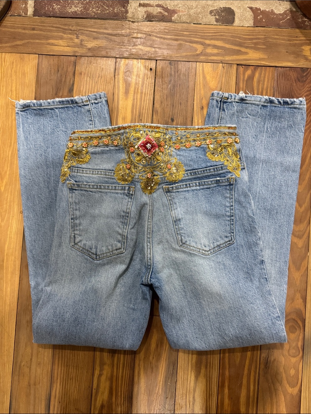 We The Free Light Blue Straight Leg Jeans with Gold Embroidered & Red Bead Waist - Picture 2 of 11